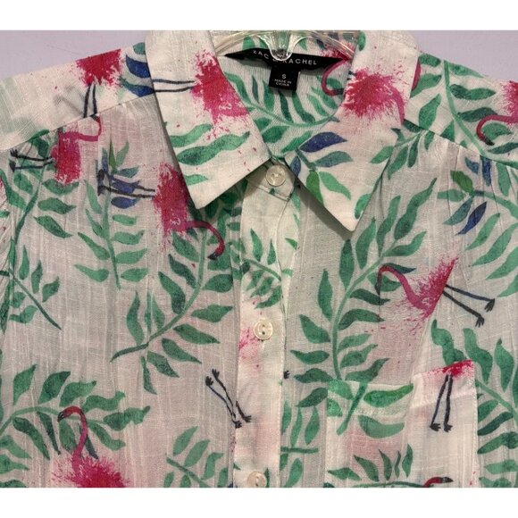 Zac & Rachel Women’s Flamingo Print Button-Up Shirt Size M Green/Pink Tropical - Picture 2 of 8